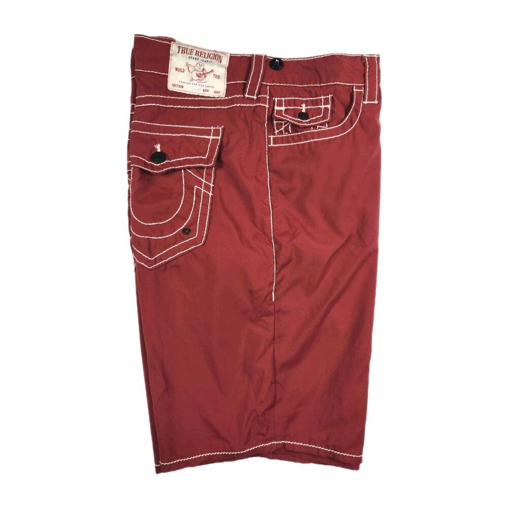 True Religion Ricky Big T Board Shorts Mens 36 Red Logo Hybrid Snap Pockets Surf